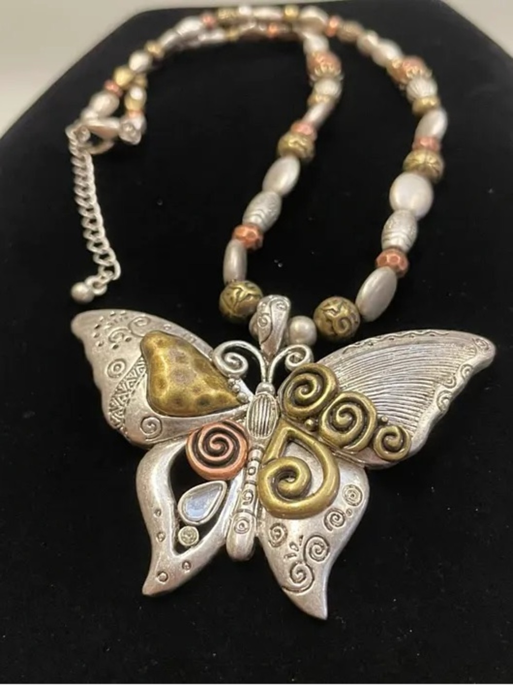 READ! Vintage 90s Mixed-Metal Repoussé Spiral Boho Industrial Butterfly Necklace